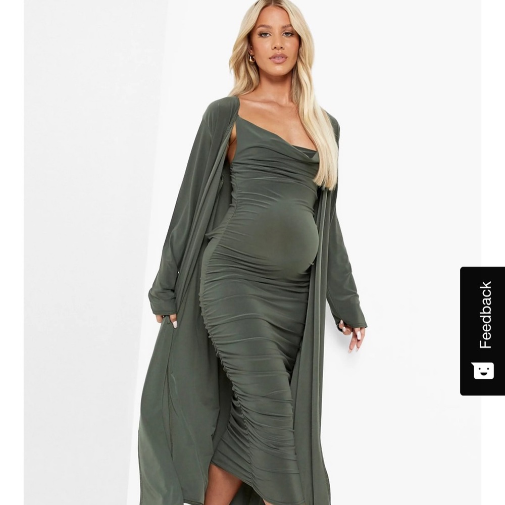 BOOHOO MATERNITY STRAPPY COWL NECK DRESS AND DUSTER COAT SIZE 12